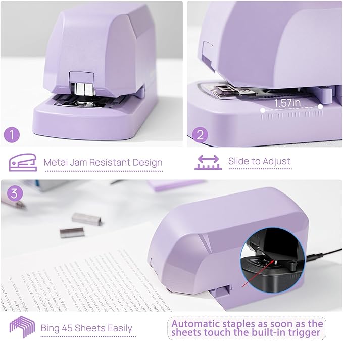 Electric Stapler for Desk Value Pack, 45 Sheet Capacity, Includes 1500 Staples & Staple Remover, No-Jam, Faster Stapling, AC Adapter Powered, Purple