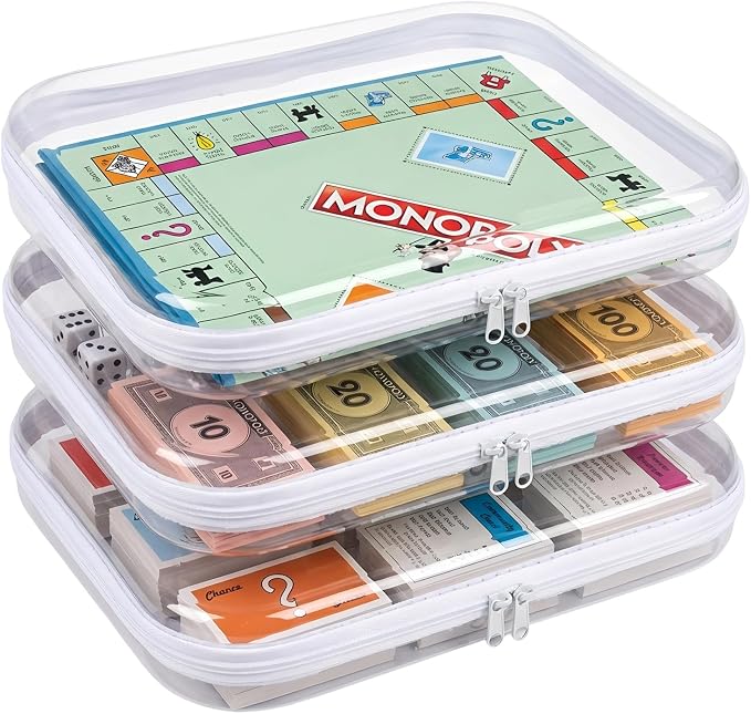 Klmnop 3 Pack Board Game Organizer and Storage Box, Extra Large Clear Hard Shell Zipper Case for Games Puzzle Magazine A4 Paper Craft Supplies(Clear)