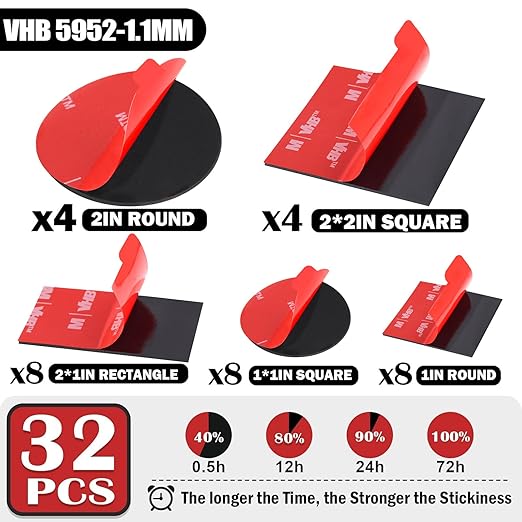 Navona 32 Pack Heavy Duty Double Sided Mounting Tape – VHB 5952 Foam Tape, 1 Inch & 2 Inch, Square Rectangle & Round Shapes, Waterproof, Heat Resistant, for Car & Home Decor