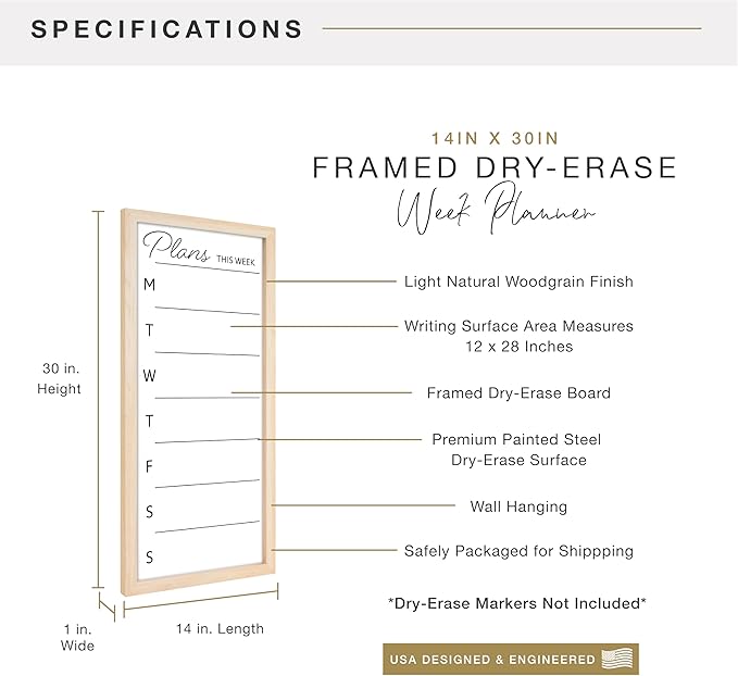 MCS Dry Erase Weekly Planner 14x30 Natural Framed Calander Whiteboard for Wall, Plan Your Week with Family Weekly Planner for Dinners, Sports, Events & More