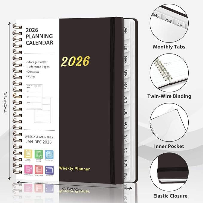 2026 Planner, Weekly and Monthly Calendar Planning Agenda, Jan 2026 - Dec 2026, Academic Planner Book, Desk Accessories and Office Supplies for women & men - A5 (6.3'' x 8.5'')