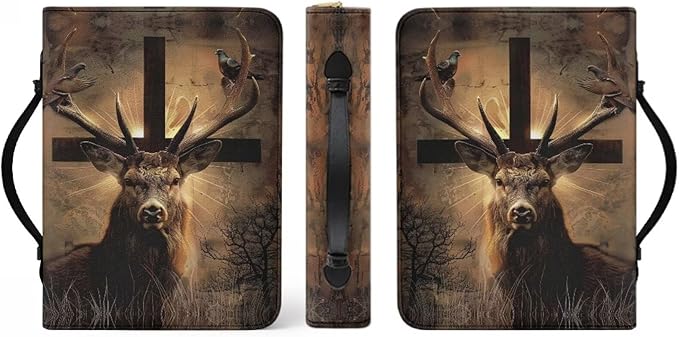 Leather Bible Cover with Bookmark，Carrying Book Case Church Bag X-Large Bible Protective Brown Bible Case,Christian Gifts,Cross and Deer