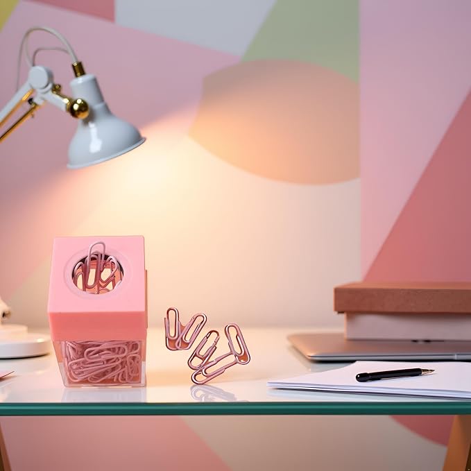 Pink Paper Cilp Dispenser Holder Clear Acrylic Organizers with Magnetic Top for Desk Cute Office Binder Clip, Paper Clip Holders