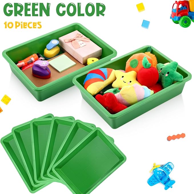 Hoteam 10 Pcs Flat Storage Organizer Tray Bin Paper Tray for Classroom Plastic Stackable File Organizer for School Office Teacher Book Organization(Green,13.78 x 9.84 x 3.15 Inch)