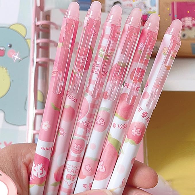 MOZXIRZ 6 Pcs Erasable Gel Ink Pens Retractable Pens Cute Pink Peach Pen Fine Point Pen Office School Supplies Women Pens (Black Ink-Peach)