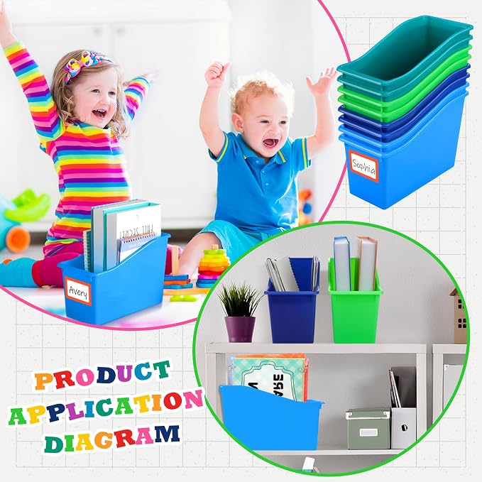 Jinei 24 Pack Fresh Riverside Color Book Bins for Classroom Bulk Binder Holders with Name Labels Plastic Organization Book Baskets Teacher Storage Boxes for Classroom Home Office