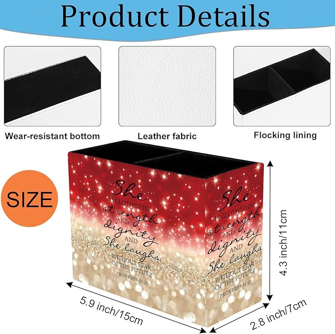 Pen Holder, Pencil Case, Makeup Brush Storage Box, Tableware Storage Box, Suitable for Office Or Home Item Organizing Stand - Red Glitter Quote Proverbs 31-25