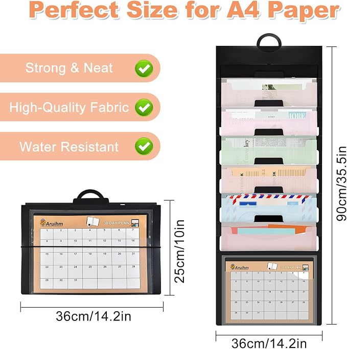 Wall File Organizer 6 Pocket, Hanging Wall File Organiser for Classrooms and Offices, 6 Removable File Folders Classrom Organization and Storage Black
