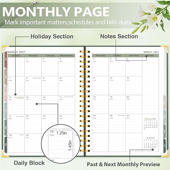 Large 2026-2027 Academic Planner - Hardcover Daily Planner from Jul. 2026-Jun. 2027 - A4 Weekly & Monthly Calendar Agenda Organizer Book with Stickers, Back Pocket, Coated Tabs - 8.5"x 11", Dark Green