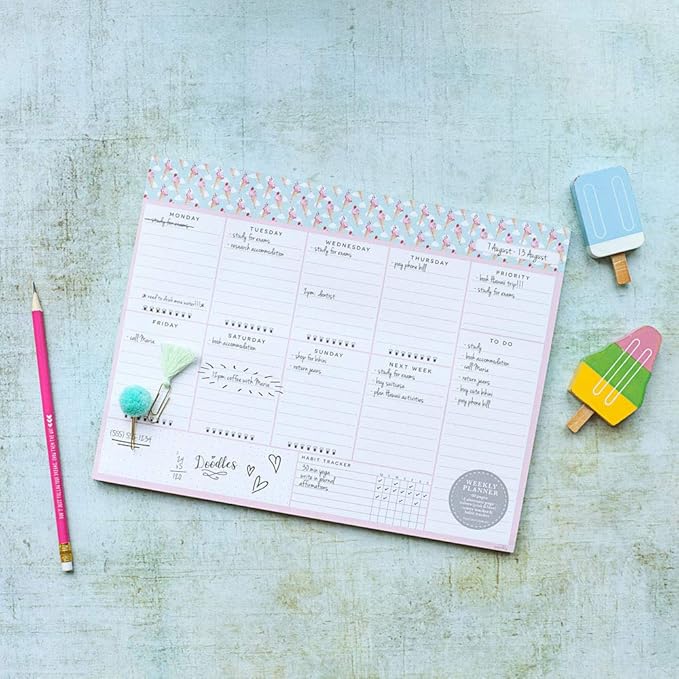 Undated Desk Planner Pad - 52 Pages Weekly Notepad with To Do List and Habit Tracker | Weekly Desk Pad Tear Off for Organization (Ice Cream)