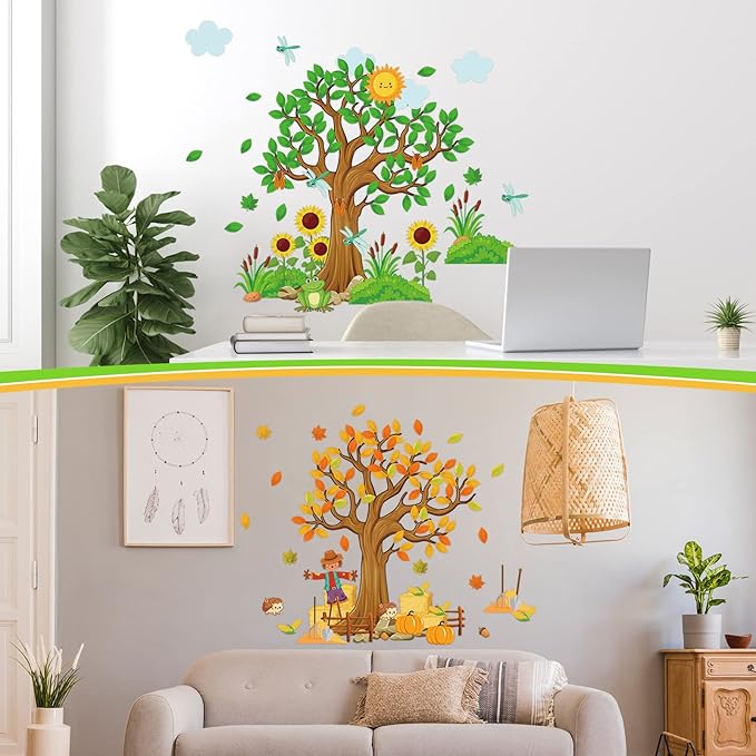 Teling 239 Pcs Season Tree Classroom Bulletin Board Decor Spring Summer Autumn Winter Cutouts Border Set Four Seasons Bulletin Board Decorations with 200 Dots for Elementary School Home Chalkboard