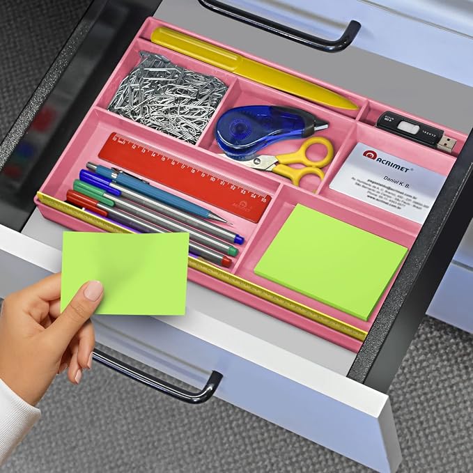 Acrimet Desk Drawer Organizer Tray with 8 Compartments – Multi-Purpose Bin for Office Supplies, Makeup, and Accessories – Fits inside Drawers or Desktops, 12.75" x 8" x 1.06" (Plastic) (Pink Color)