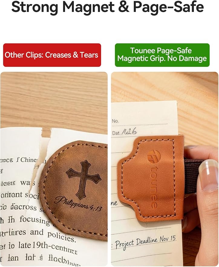 Tounee 4-Pack Magnetic Leather Bookmarks with Integrated Pen Holder, Essential Reading Accessories for Book Lovers & Avid Readers, Slim Page Markers for Bible Study, Journaling & Planners