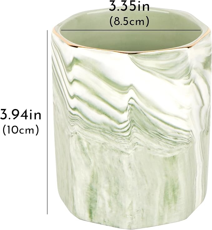 Green Marble Makeup Brush Holder– Round Ceramic Pencil Container with Gold Rim, Elegant Versatile Organizer for Vanity, Desk, or Bathroom