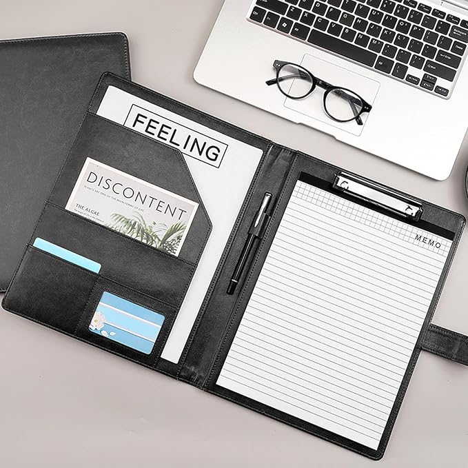 VANRA Padfolio Clipboard Folder Leather Portfolio Binder Organizer Interview Resume Folder for Papers Legal Document A4 Letter Size Writing Pad Notepad Clip Boards with Business Card Holder (Black)
