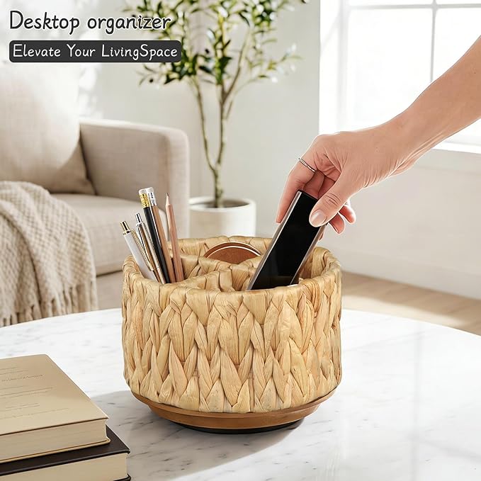 360 Swivel TV Remote Control Holder, Woven Water Hyacinth Desk Organizer, Rattan Pen Holder for Table, Boho Spinning Wicker Caddy for Art Supplies, Stationery, Office Living Room Bedside Decor