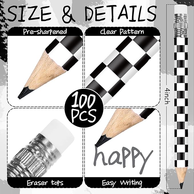 FYSUIMU 100Pcs Checkered Racing Car Half Golf Pencils with Eraser Racing Flag Pre Sharpened Short Writing Pencil for School Office Stationery Supplies, 4 Inch