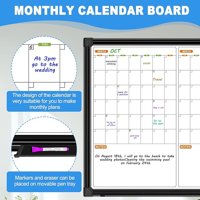Quarterly Wall Calendar Whiteboard, 48" X 28" Magnetic Dry Erase Calendar for Wall, 3 Month Whiteboard Calendar for Wall with 2 Eraser, 10 Marker, 12 Magnet