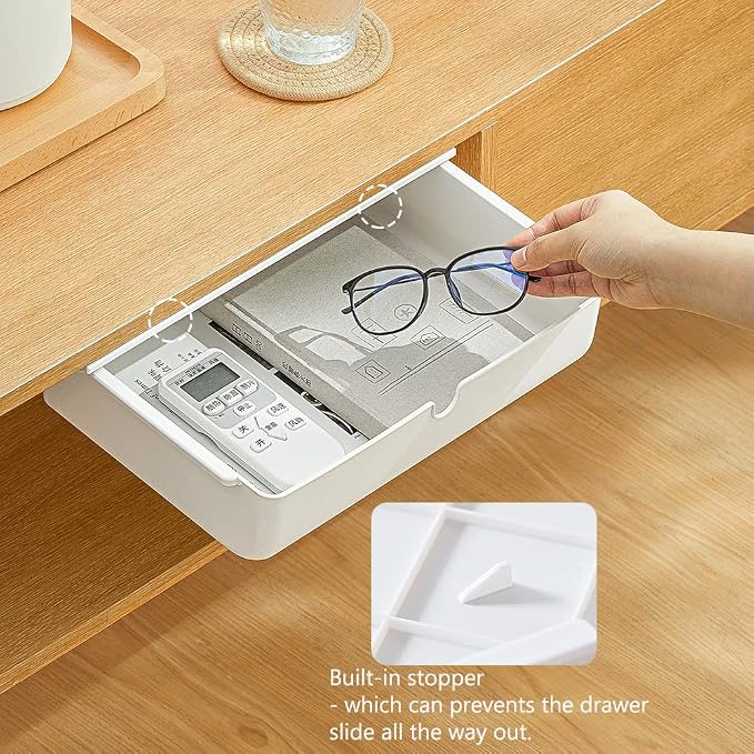 Poeland Under Desk Drawer Self-Stick Storage Organizer for Office Home School, Holders for Desk Accessories, Large Size, White