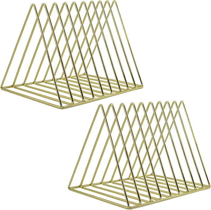 EASEPRES 9 Slot Magazine Rack Book Record Holder, Desktop Iron Storage Rack Bookshelf Multifunction Triangle File Organizer Sorter for Decor Home Office, Golden Pack of 2