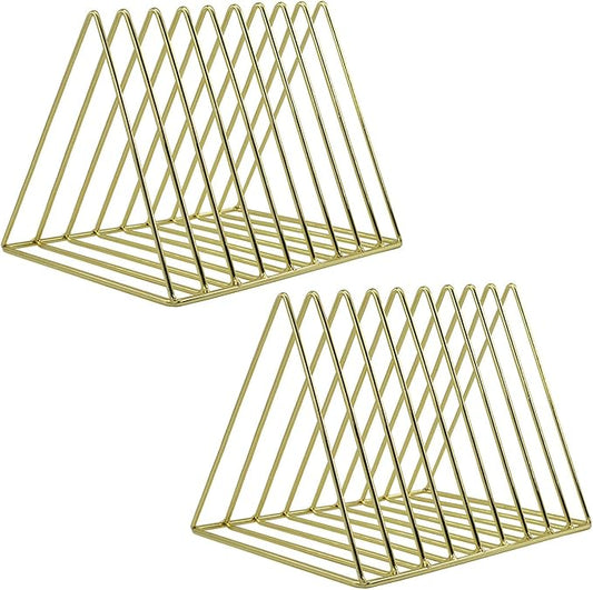 EASEPRES 9 Slot Magazine Rack Book Record Holder, Desktop Iron Storage Rack Bookshelf Multifunction Triangle File Organizer Sorter for Decor Home Office, Golden Pack of 2