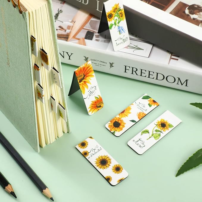 12 Pieces Sunflower Magnetic Bookmarks Inspirational Magnetic Bookmarks Magnet Page Markers Positive Book Marker for Students Teachers School Home Office Supplies, 12 Styles