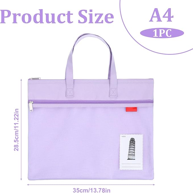 Large Zipper Pouch with Handle, 11 x 13.7 in Mesh Zipper Pouch Waterproof Double Pocket Organizer Bag, A4 Size Foldable File Storage for Documents Travel Art Supplies Office Use (Purple)