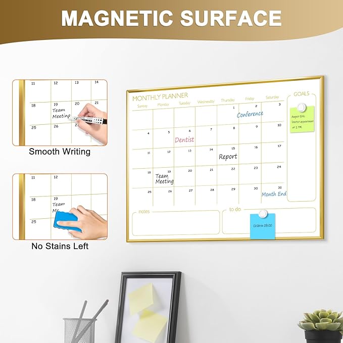Dry Erase Calendar Whiteboard for Wall, 24'' x 18'' Monthly White Board Planner with Gold Frame, Magnetic Hanging Wipe Board for Home Office School Dorm