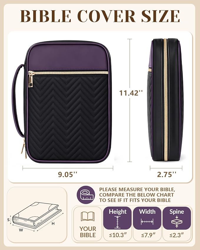 XKDOUS Quilted Leather Bible Cover Case for Women, Zippered Bible Carrying Bag with Study Supplies and Accessories, Waterproof Bible Organizer Holder for Church and Daily Use (Purple & Black)