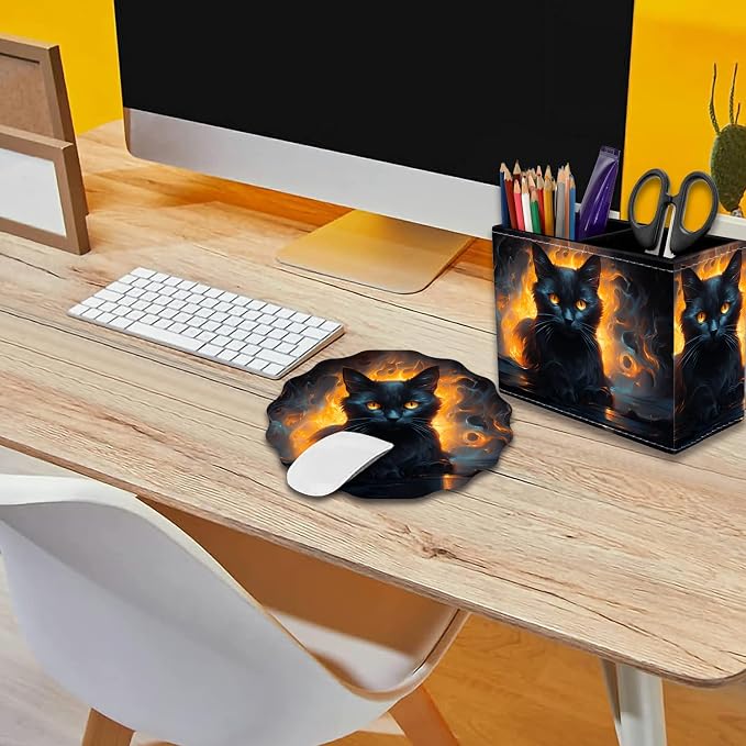 Pen Holder for Desk, PU Leather Multifunctional Desktop Storage Box and Anti-Slip Mouse Pad Set, Makeup Brush Holder Pen Organizer for Office and Home - Luminous Black Cat