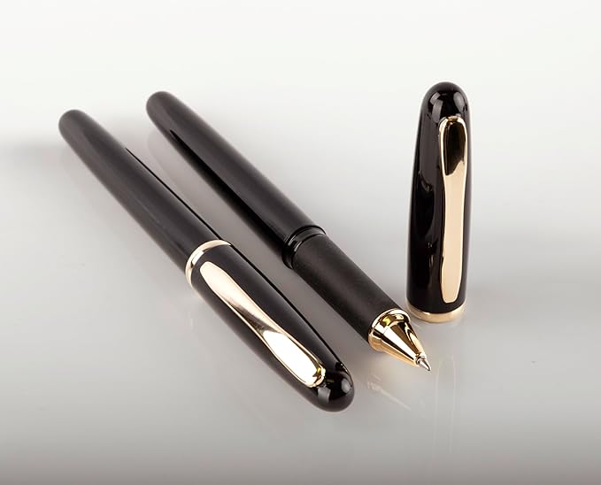 Better Office Products Executive Black Gel Pen, 2 Pack, Classic Business Pen with Removable Cap, Black 0.7mm Medium Point, Gold Accents, Individually Packed in Clear Acrylic Cases