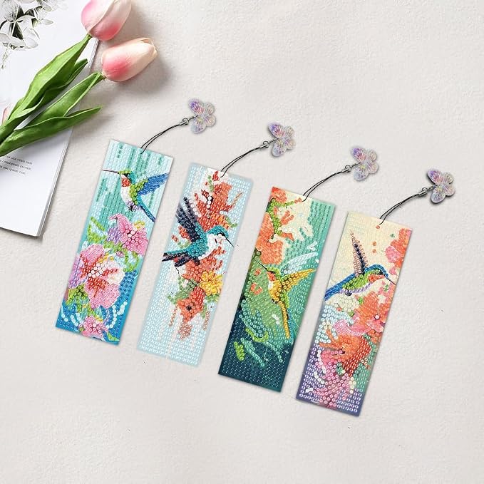 4PCS Diamond Art Bookmarks DIY Hummingbirds Diamond Painting Bookmarks for Adults Book Lovers Beginners DIY Crafts, Christmas New Year Graduation Birthday Gift