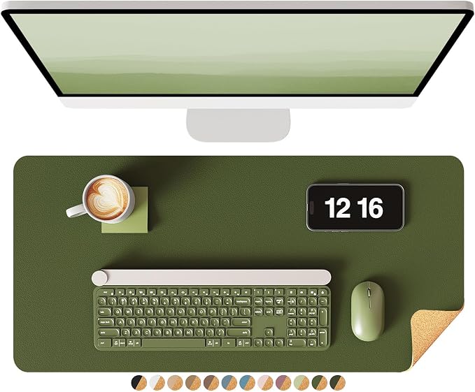 YSAGi Double-Sided Desk Mat, Eco Cork Desk Protector, Large Mouse Pad, Waterproof Blotter, Writing Pad for Office/Home (23.6"x13.7", Olive Green + Cork)