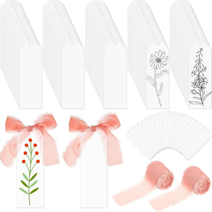 Yeaqee 100 Pcs Acrylic Bookmark Blanks Clear Bookmarks Acrylic Tags with 2 Rolls Ribbon DIY Craft Transparent Bookmark for Reading Lovers for School Presents(5.9 x 2 Inch,Dusty Pink)