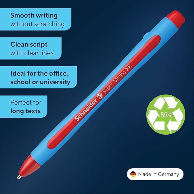 Schneider Slider Memo XB (Extra Broad) Ballpoint Pen, 1.4 mm, Light Blue Barrel, Red Ink, Box of 10 Pens (150202)