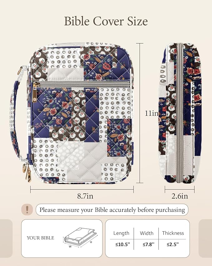 BellaHold Bible Cover Case for Women, Large Bible Bag with Detachable Strap & Bible Study Supplies, 12 Highlighters, 6 Colored Gel Pens & 75 Bible Tabs, Christian Gifts for Women (Navy Patchwork)