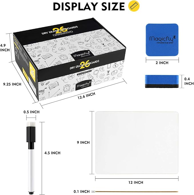 Magicfly Small White Boards, Dry Erase Board Pack of 26, Mini Whiteboards 9x12 Inches Double-Sided White Boards Lapboards for Students Classroom Teachers School Supplies with 32 Pens and 26 Erasers