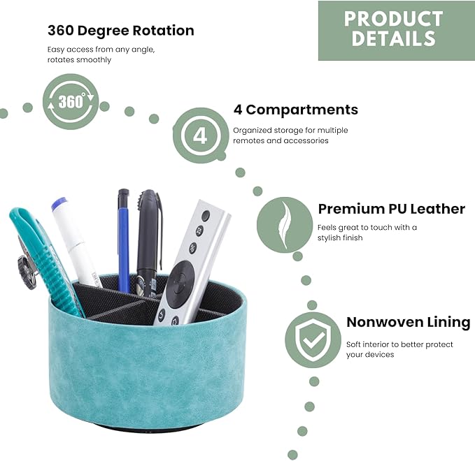 Remote Control Holder For Table, 360 Degree Spinning Desk Organizer For Bedside Night Stand, TV Remote Caddy with 4 Compartments, Office Rotating Pen Holder Green PH125