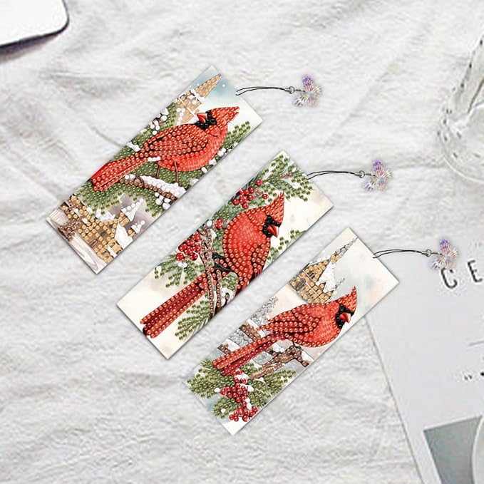 3Pcs DIY Diamond Art Painting Bookmarks with Colorful Butterfly Pendant PET Bookmark Ornament Double Sided Pattern Single Sided Diamond Book Marker Clip Gifts Tags-Cardinal