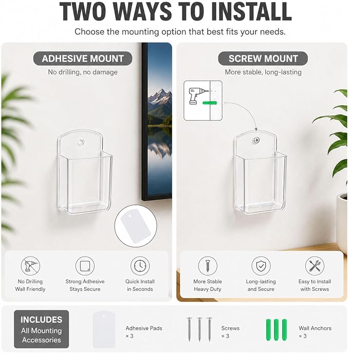 3 Pack Remote Control Holder Wall Mount, Adhesive Remote Holder with Screw Installation Storage Organizer for TV/Media/Air Conditioner Remotes For Home Office School Clear
