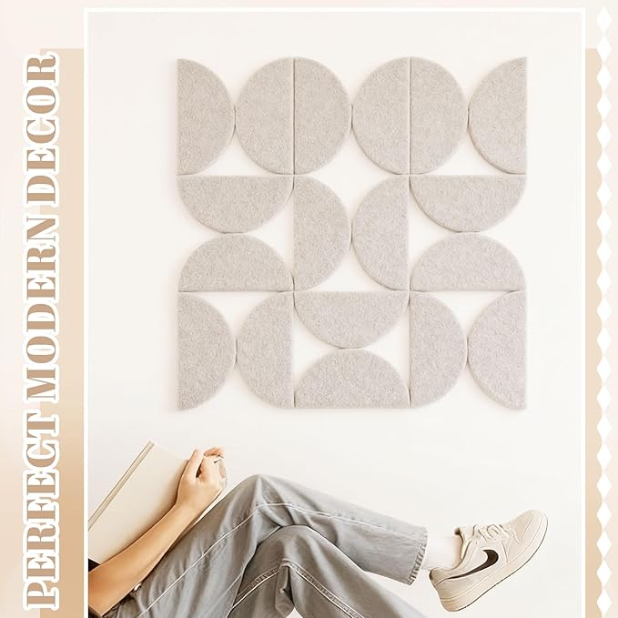 Mindsoft 24 Pack Decorative Bulletin Board Felt Wall Tiles Bulk 11.8"x5.9" Semi-Circle Large Wall Art with Removable Adhesive Tabs for Customizable DIY Home Office Decoration Gift (White)