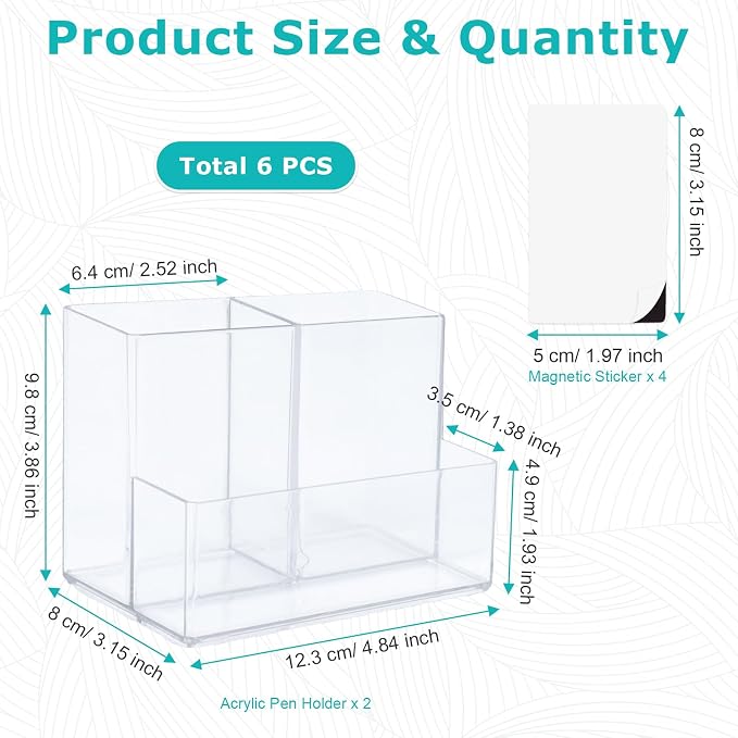 SAYEEC 2 Pack Acrylic Pen Holder Magnetic Dry Erase Marker Holder with 4 Magnet Sheets 3 Compartments Clear Desk Makeup Brush Organizer Pencil Cup Caddy for Fridge Whiteboard Cosmetic Office School