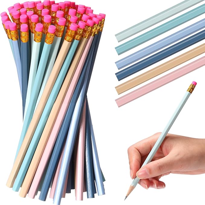 TecUnite 60 Pcs HB Pencils #2 Unsharpened Wood Cased Pencils with Eraser Hexagonal Pencil Cute Graphite No 2 Pen for Adults Gifts Exam School Office Sketching Learning(Morandi Colors, Gold)