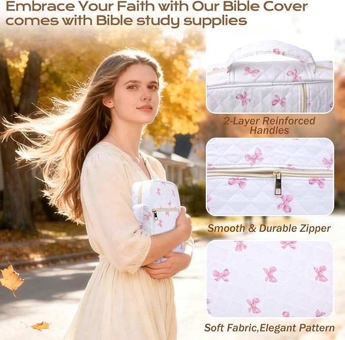 XKDOUS 30 Pcs Bible Bag Kit for Women Large Church Book Carrying Case with Handle, Study Supplies Carrier Portable Quilted Bible Cover Case Christian Gifts for Mom Lady Friends