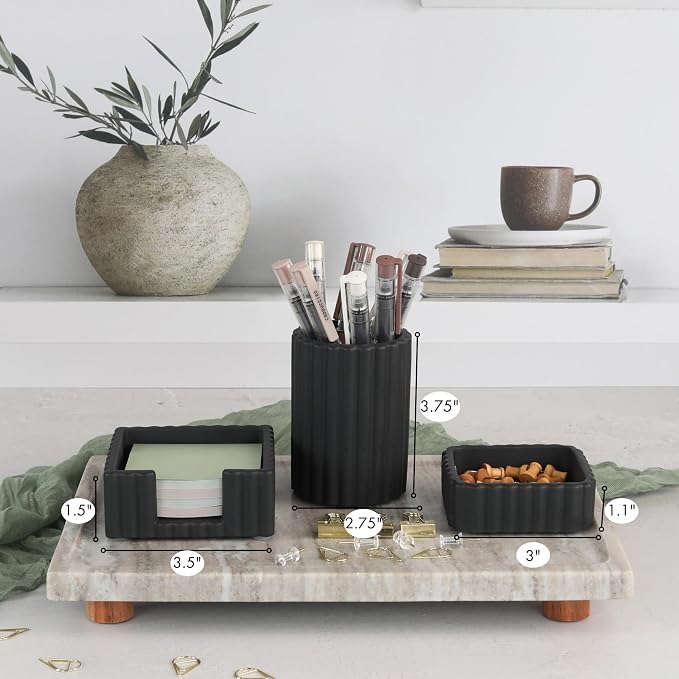 KIBAGA Modern Aesthetic Desk Accessories Set of 3 - Stylish Concrete Organizers for Pens & Office Supplies - A Cute and Functional Addition to Your Workspace Decor