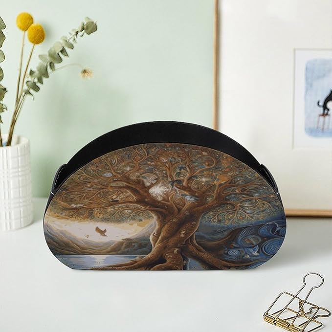 Remote Control Holders Tree of Life Printed Pu Leather Remote Caddy with 5 Compartments Desk Storage Organize for Remotes/Media Controllers/Office Supply