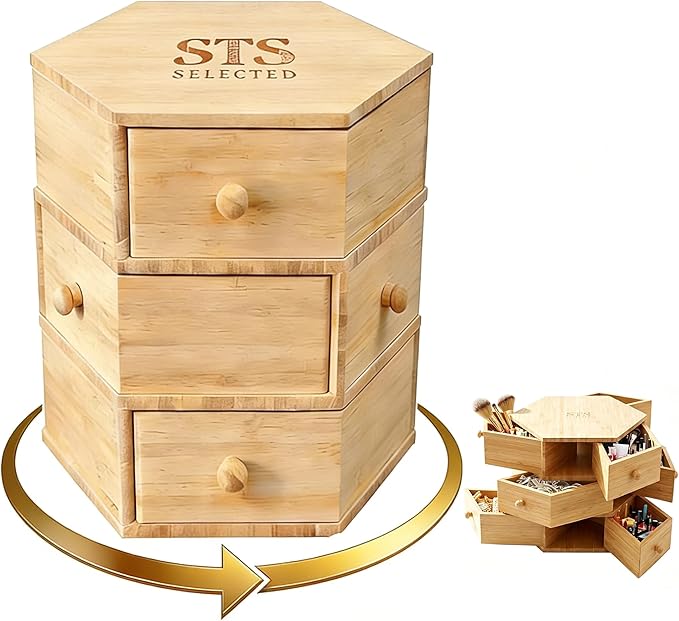 360° Rotatable Bamboo Desktop Organizer, Large Capacity Cosmetic & Jewelry Storage for Makeup Serum, Diamond, Easy Setup No Assembly (4-Tier 12-Drawers)