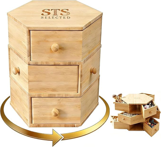 Bamboo Rotating Makeup Organizer,360° Spin for Vanity Countertop(9 Drawers)