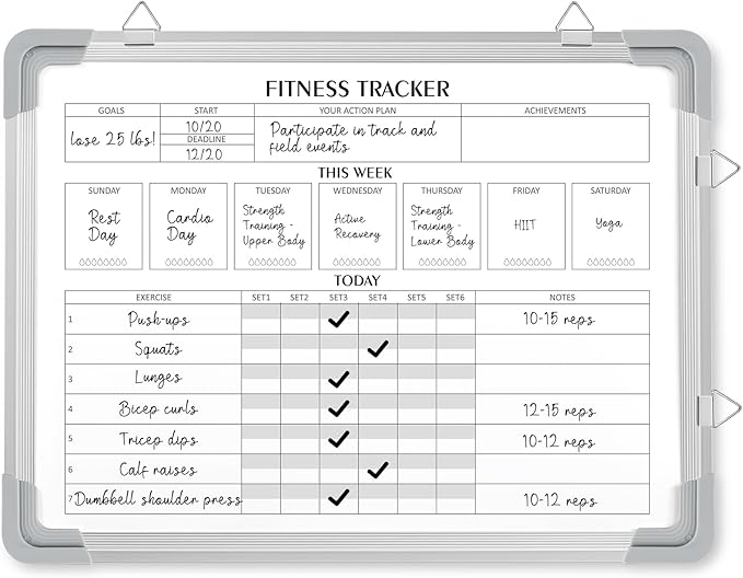 Lincia 24 x 18 Inch Fitness Tracker Whiteboard Workout Calendar for Home Gym Dry Erase Planner Hanging Removable to Do List for Wall Whiteboard with Aluminum Frame for Gym Program(Style A)
