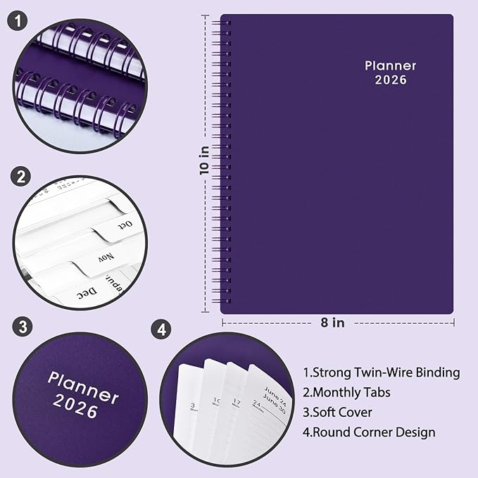 Planner 2026-2027 - 2026 Calendar Planner, Jan. 2026 - Dec. 2026, 8”× 10”, 2026 Weekly & Monthly Planners with Printed Monthly Tabs, Strong Twin-Wire Binding, Waterproof cover